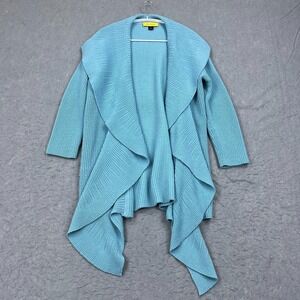 St John Cardigan Women's Medium Blue 100% Wool Open Front Waterfall Knit Sweater